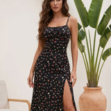 Vestido Midi Acinturado Alça Fina Com Fenda Estampado