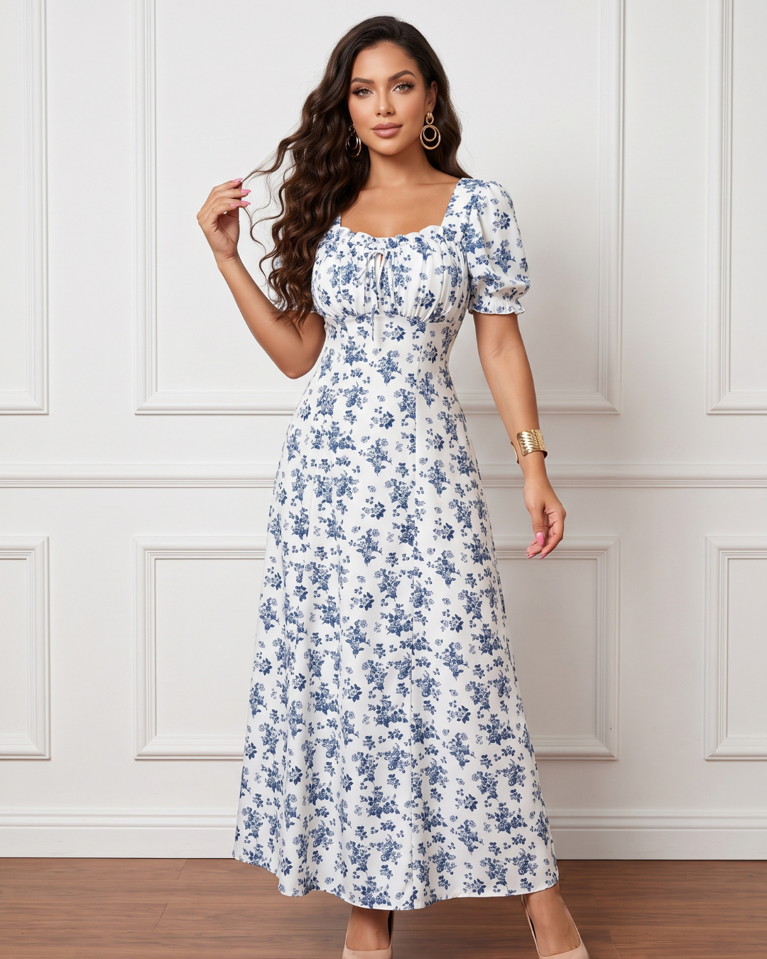 Vestido Longo Floral Com Manga Bufante E Cintura Marcada