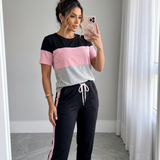 Conjunto Blusa Manga Curta E Calça Reta Com Faixa Lateral