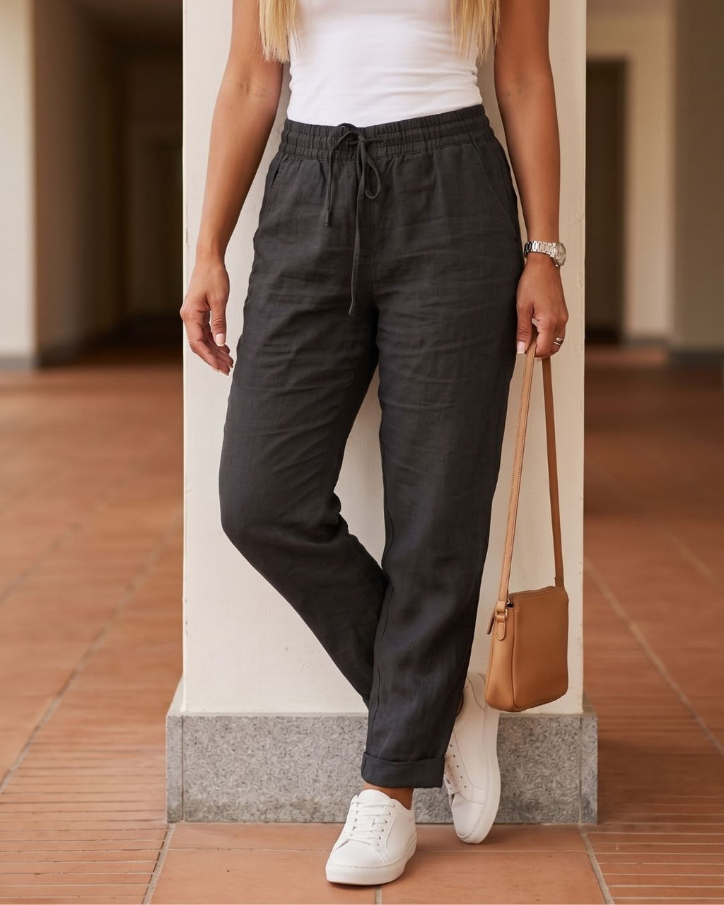 Calça Feminina Casual Com Cós Elástico E Cordão Ajustável
