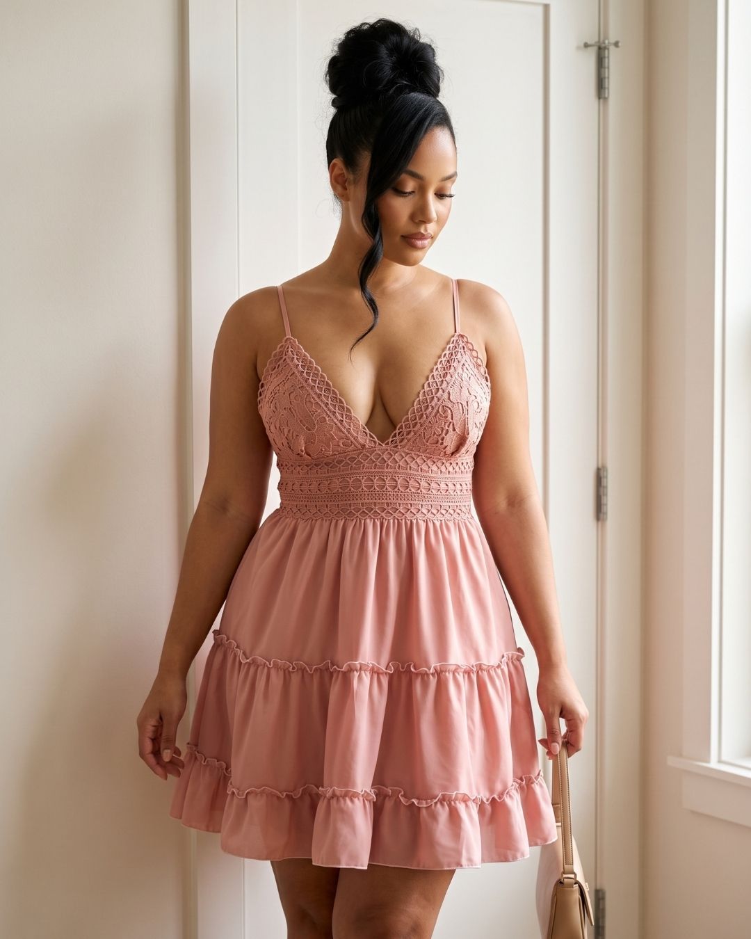 Vestido Curto Evasê Decote V Com Renda E Babados