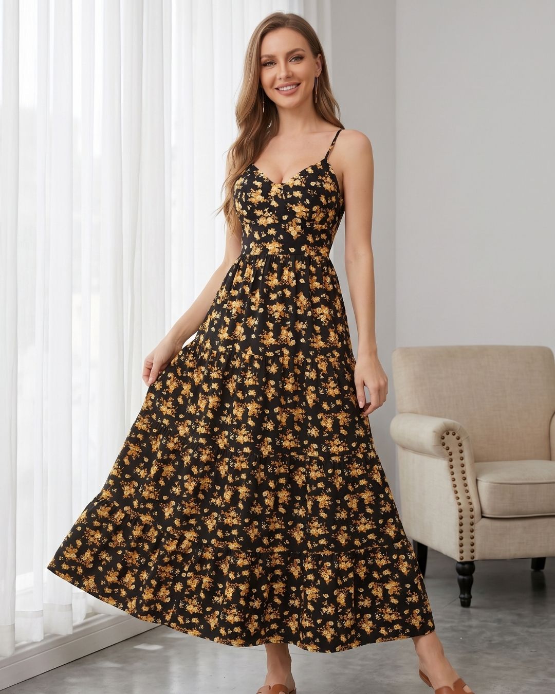 Vestido Longo Evasê Alça Fina Com Laço Nas Costas Floral
