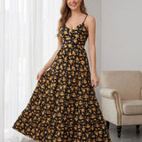 Vestido Longo Evasê Alça Fina Com Laço Nas Costas Floral