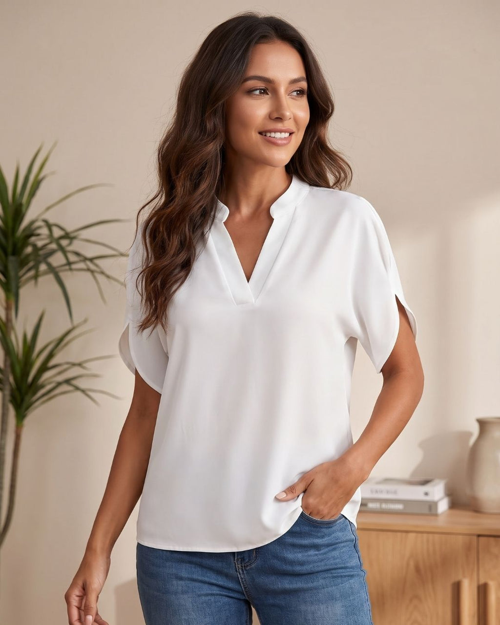 Blusa Feminina Gola V Com Manga Curta Fluida Elegante