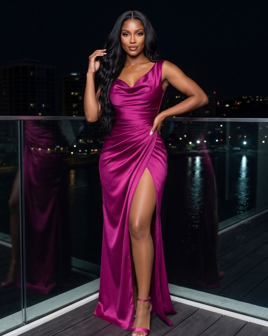 Vestido Longo Justo Decote Degagê Drapeado Com Fenda Elegante