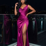 Vestido Longo Justo Decote Degagê Drapeado Com Fenda Elegante