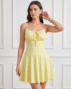 Vestido Curto Evasê Alça Fina Franzido Com Amarração Floral