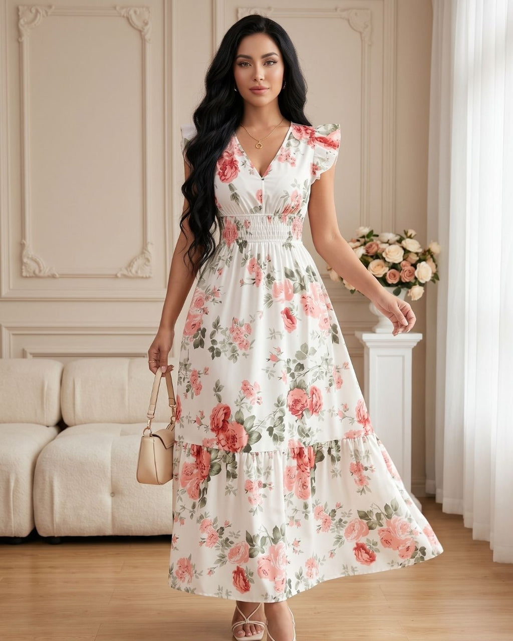 Vestido Longo Floral Com Decote V E Manga Babado
