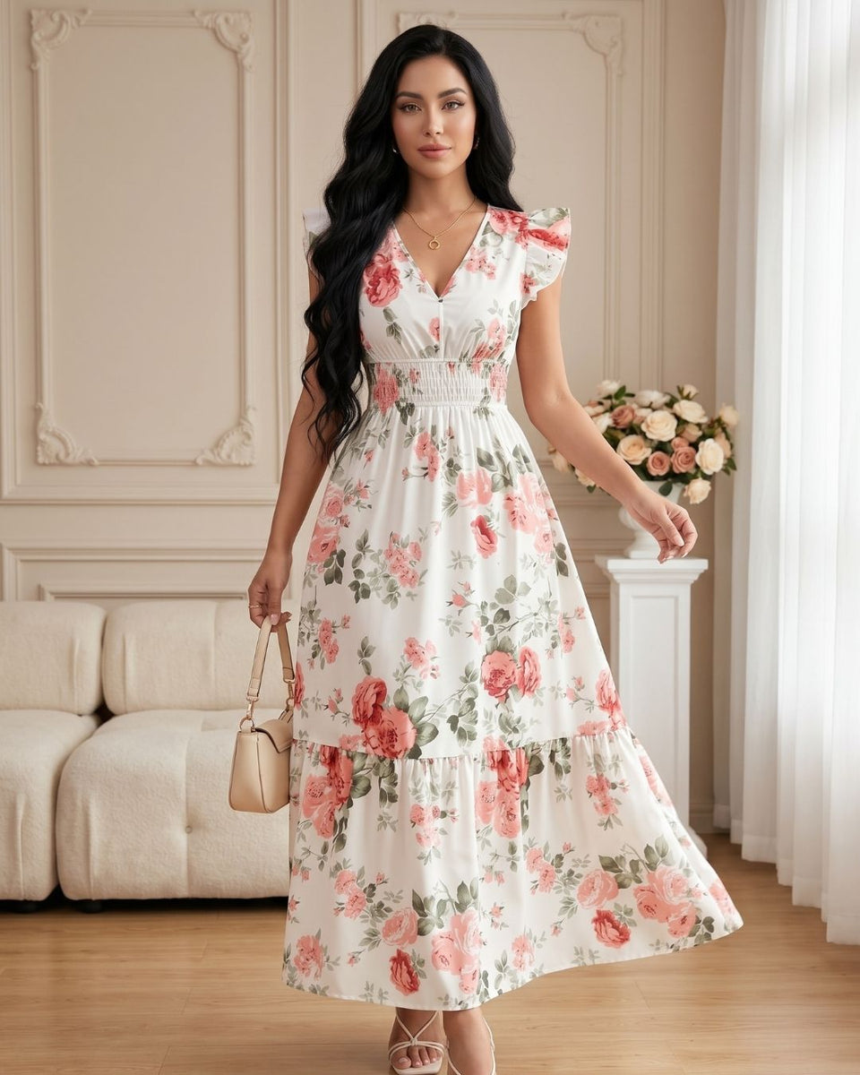 Vestido Longo Floral Com Decote V E Manga Babado