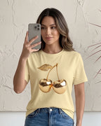 Camiseta Feminina Casual Com Estampa Cereja Metalizada