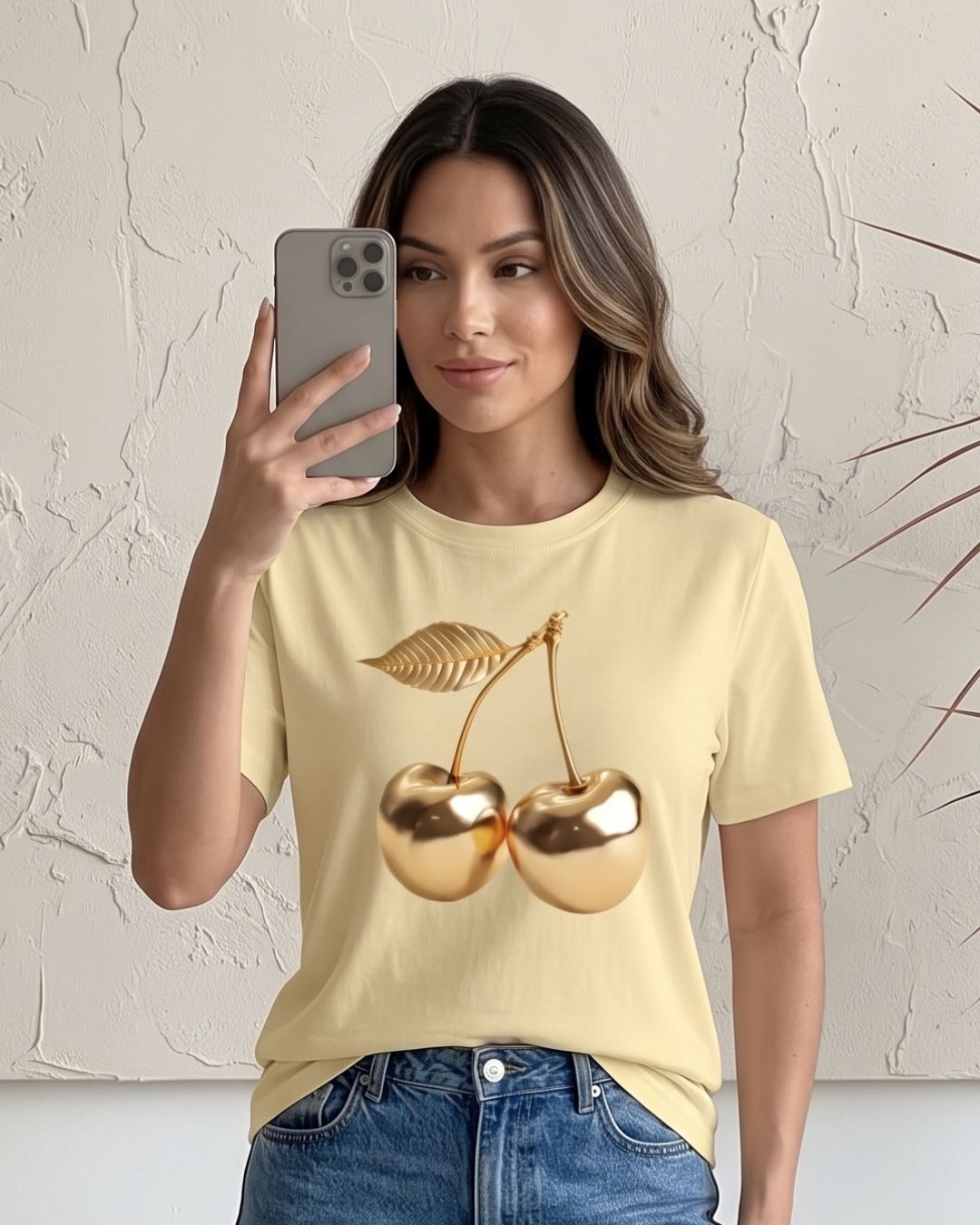 Camiseta Feminina Casual Com Estampa Cereja Metalizada