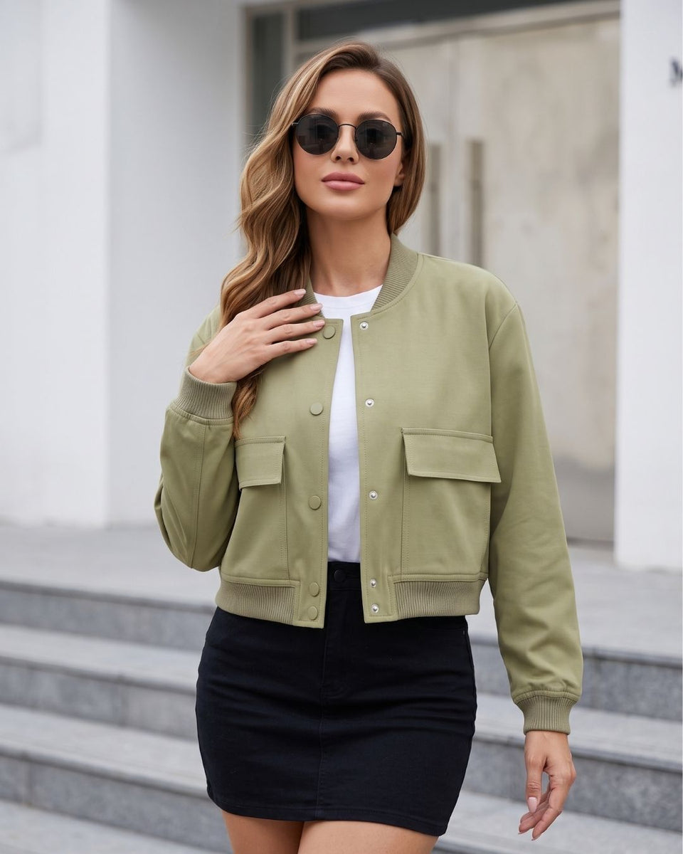 Jaqueta Bomber Cropped Com Bolsos Frontais Utilitária