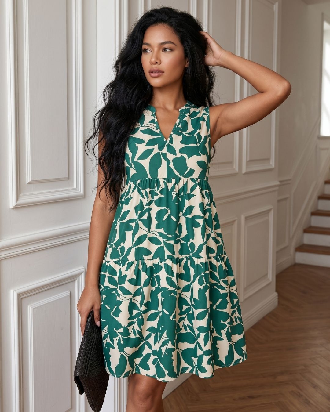 Vestido Curto Evasê Decote V Sem Manga Estampado Floral