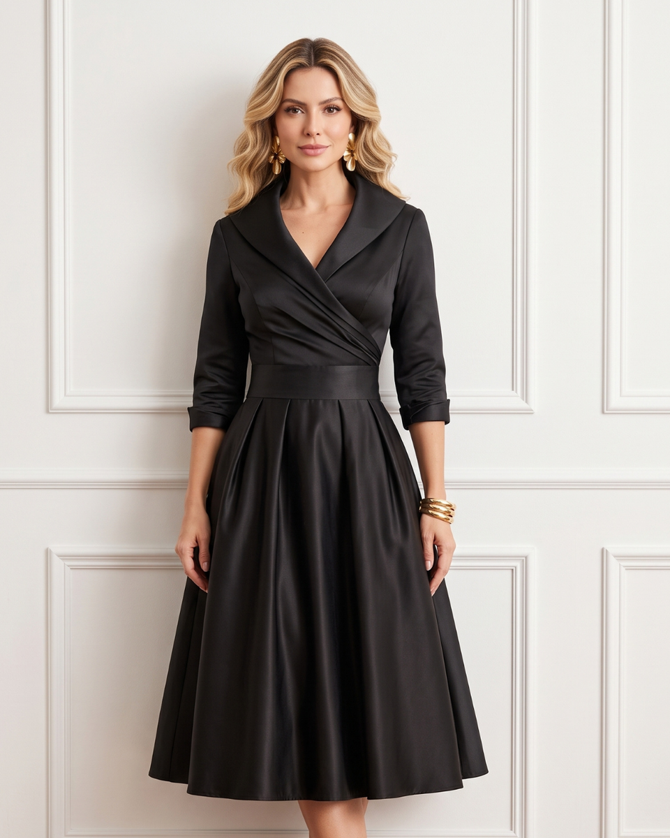 Vestido Midi Rodado Com Gola Lapela E Decote Transpassado