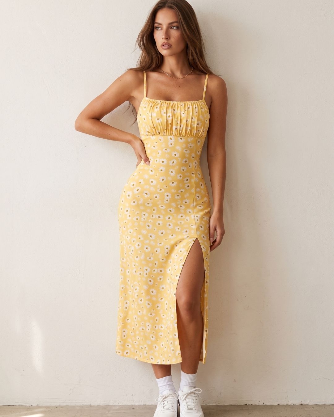 Vestido Midi Justo Alça Fina Com Fenda Estampado Floral