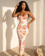 Vestido Longo Justo Floral Com Decote Franzido E Alças Finas