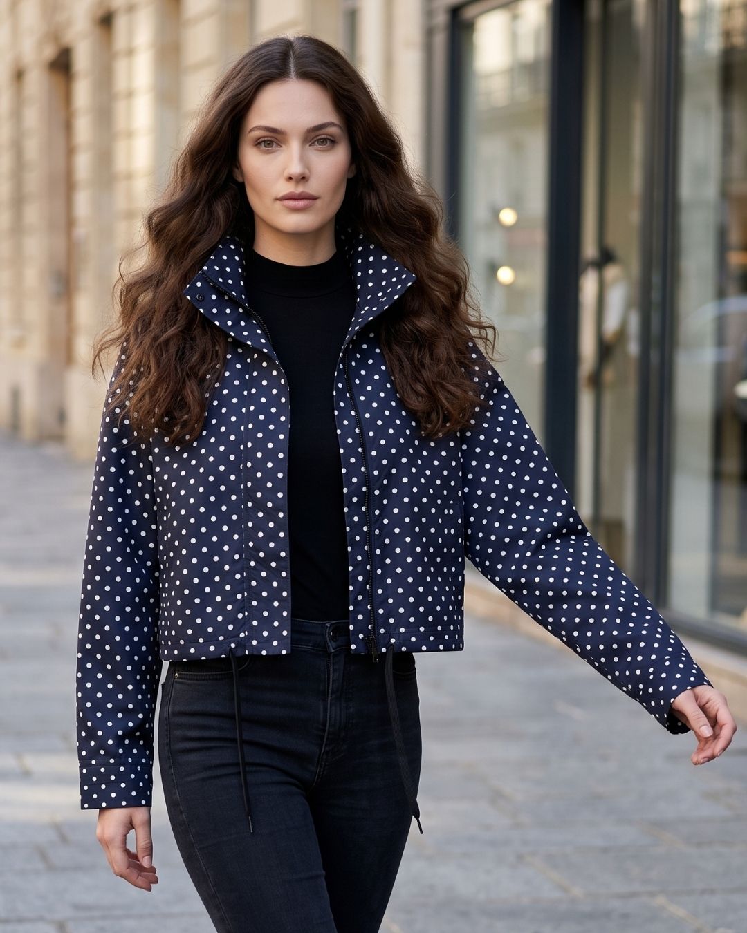 Jaqueta Feminina Puffer Estampada Com Poá E Gola Alta