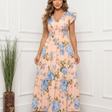 Vestido Longo Evasê Decote V Com Babados E Estampa Floral