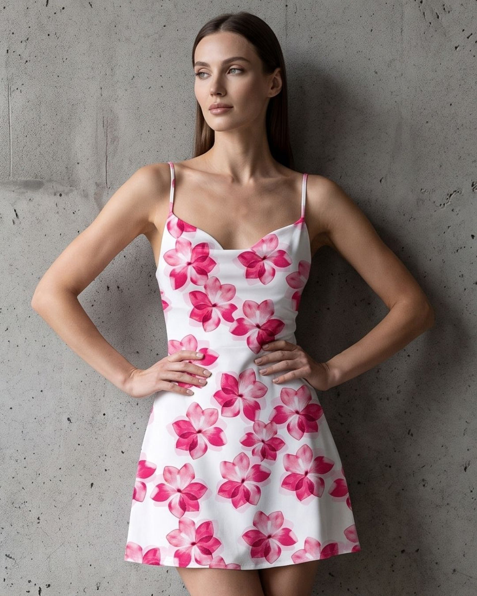 Vestido Curto Evasê Decote V Alça Fina Estampado Floral