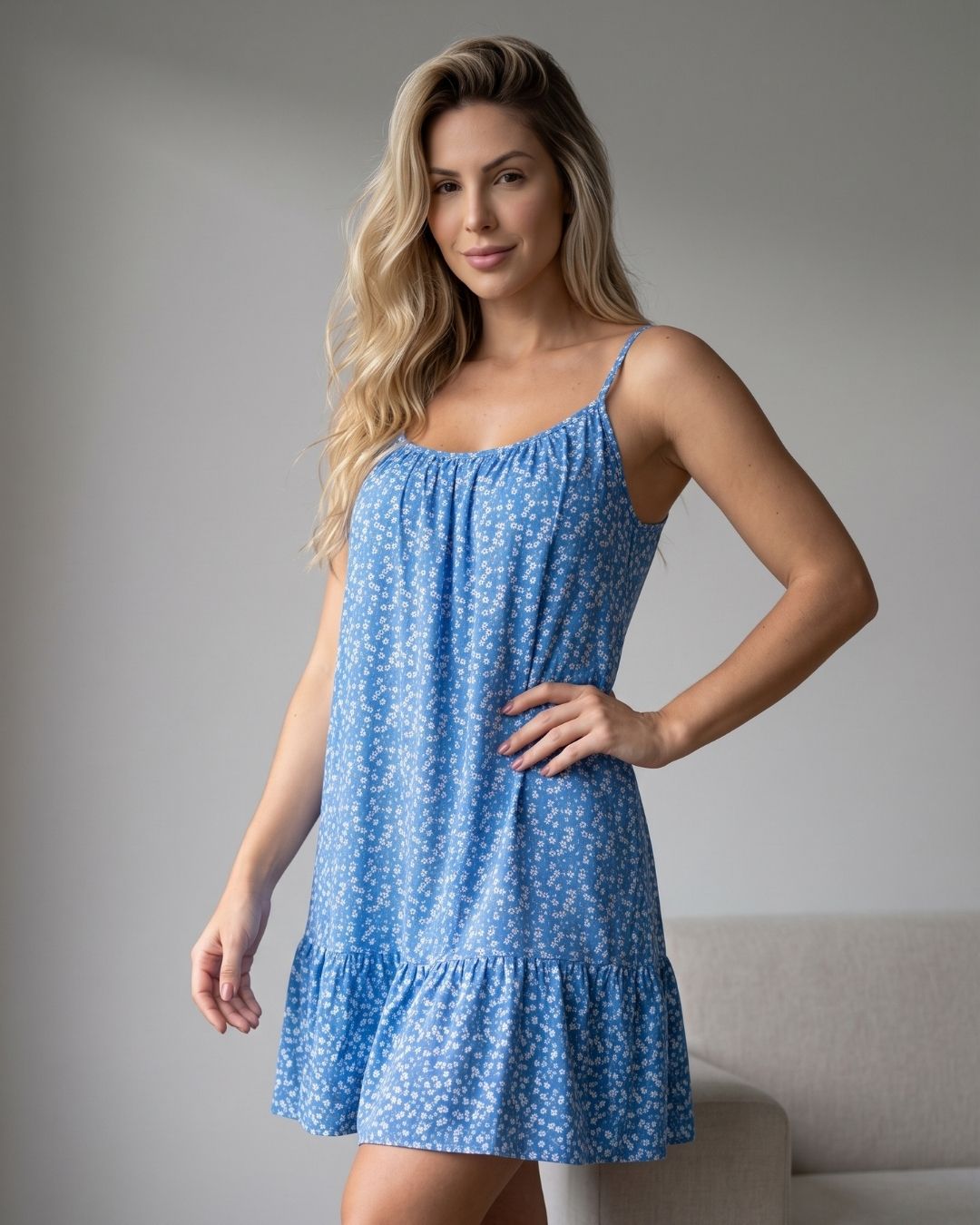 Vestido Midi Soltinho Alça Larga Com Fenda Estampado
