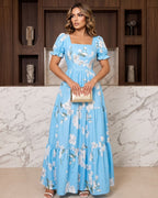 Vestido Longo Floral Com Decote Quadrado E Saia Em Camadas