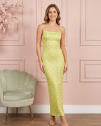 Vestido Longo Justo Alça Fina Decote Quadrado Estampa Floral