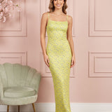 Vestido Longo Justo Alça Fina Decote Quadrado Estampa Floral