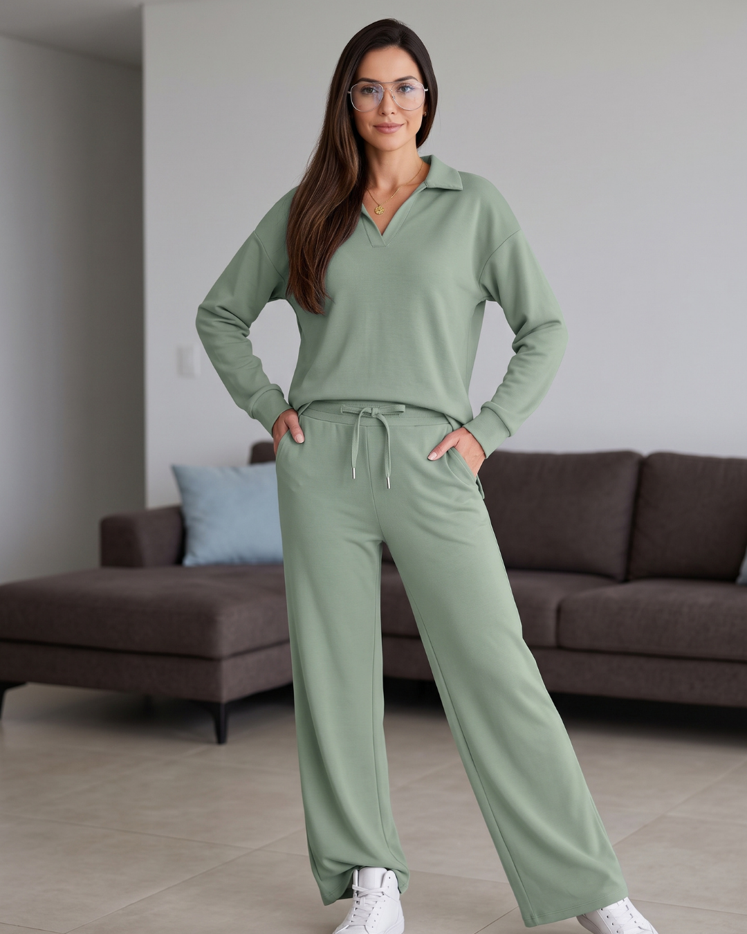 Conjunto Blusa Gola Polo Manga Longa E Calça Pantalona Casual
