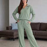 Conjunto Blusa Gola Polo Manga Longa E Calça Pantalona Casual