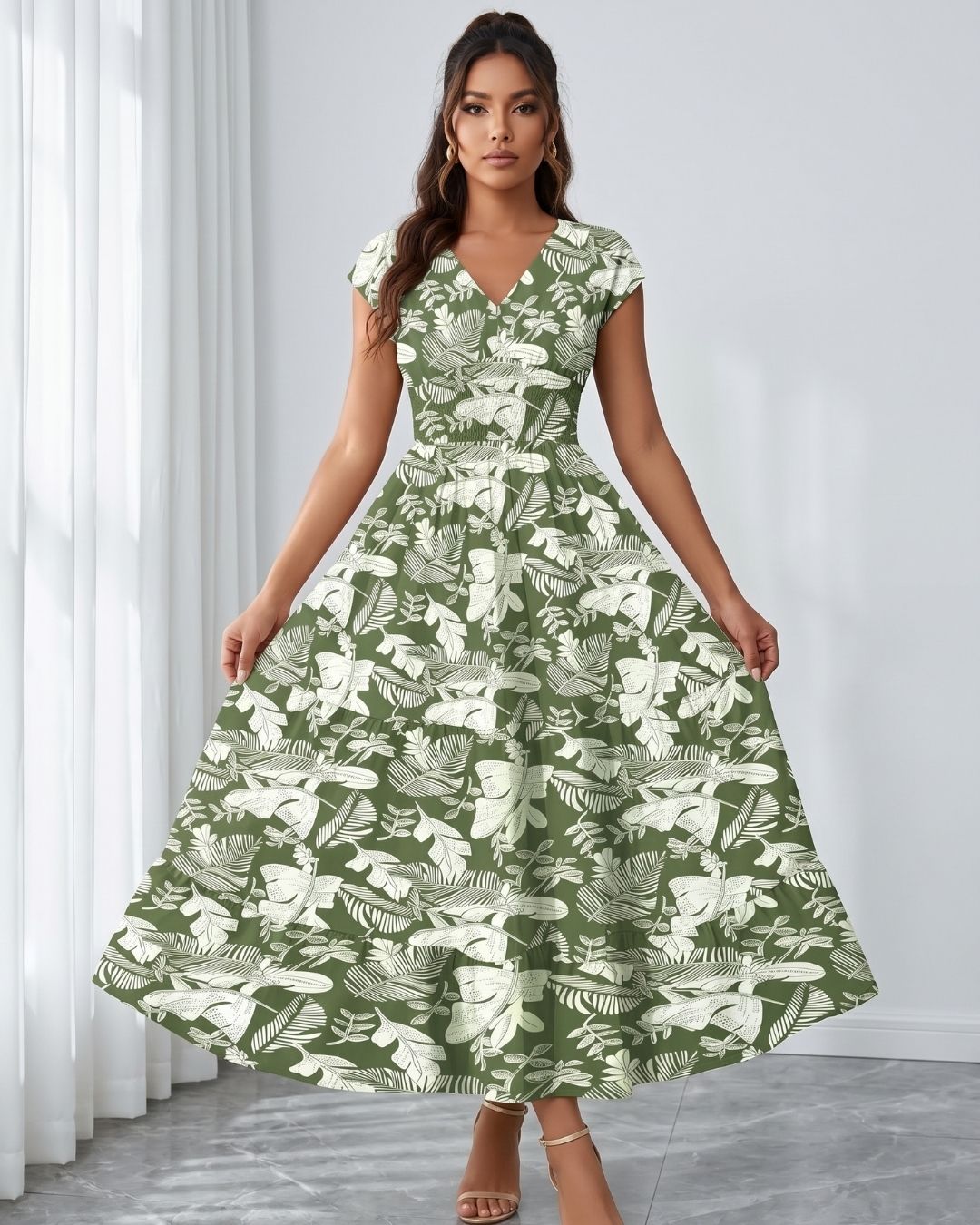 Vestido Longo Estampado Com Decote V E Saia Evasê