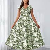 Vestido Longo Estampado Com Decote V E Saia Evasê