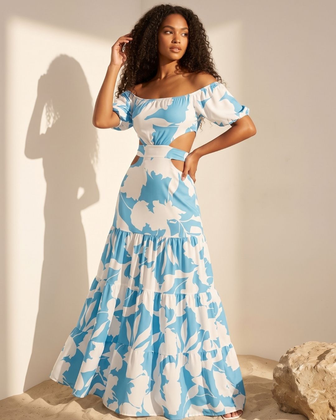 Vestido Longo Ombro A Ombro Com Recortes E Babados Floral