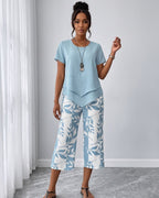 Conjunto Blusa Manga Curta E Calça Pantacourt Estampada Casual