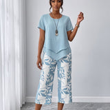 Conjunto Blusa Manga Curta E Calça Pantacourt Estampada Casual
