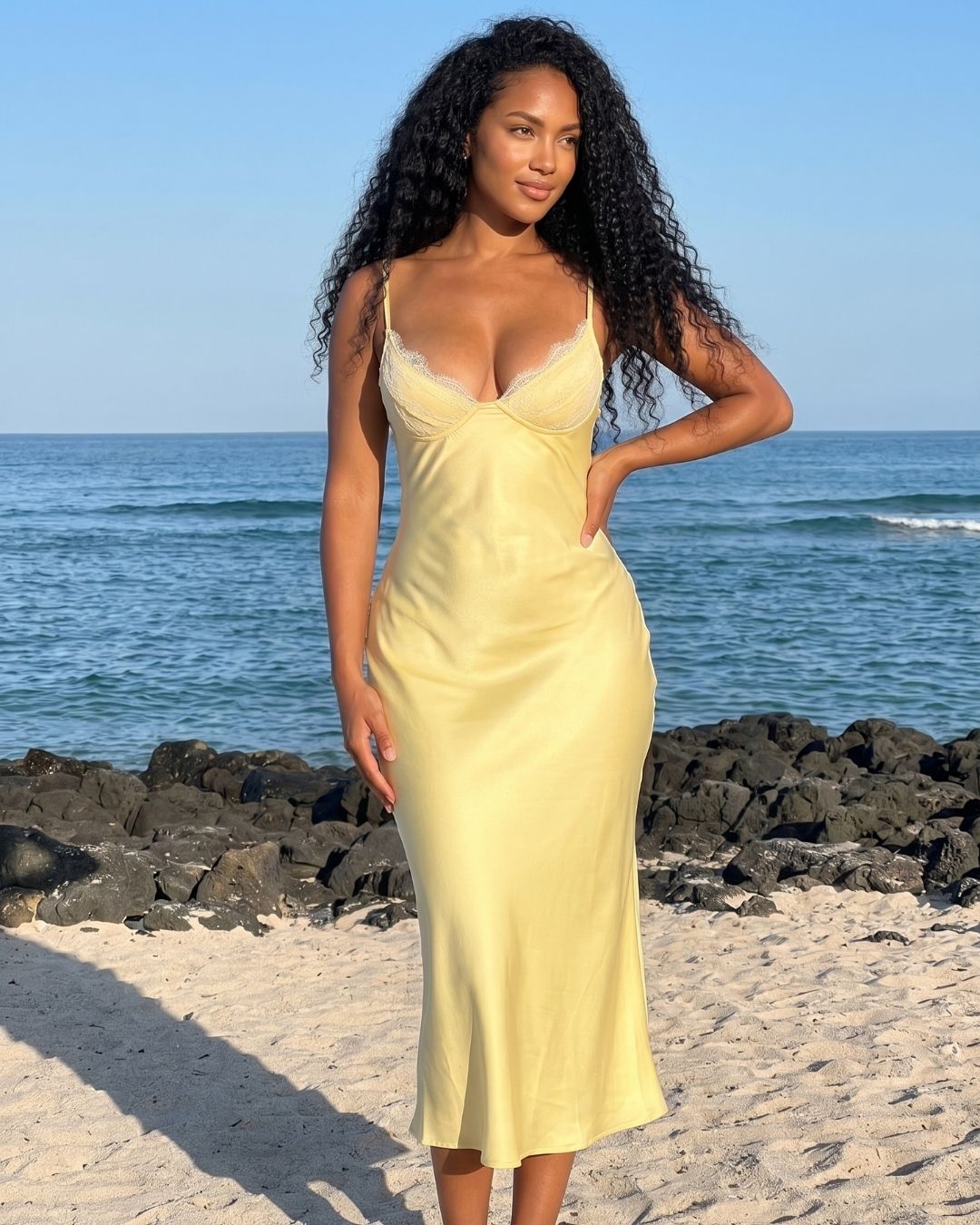 Vestido Midi Acetinado Com Decote V E Alças Finas