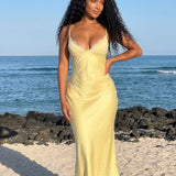 Vestido Midi Acetinado Com Decote V E Alças Finas