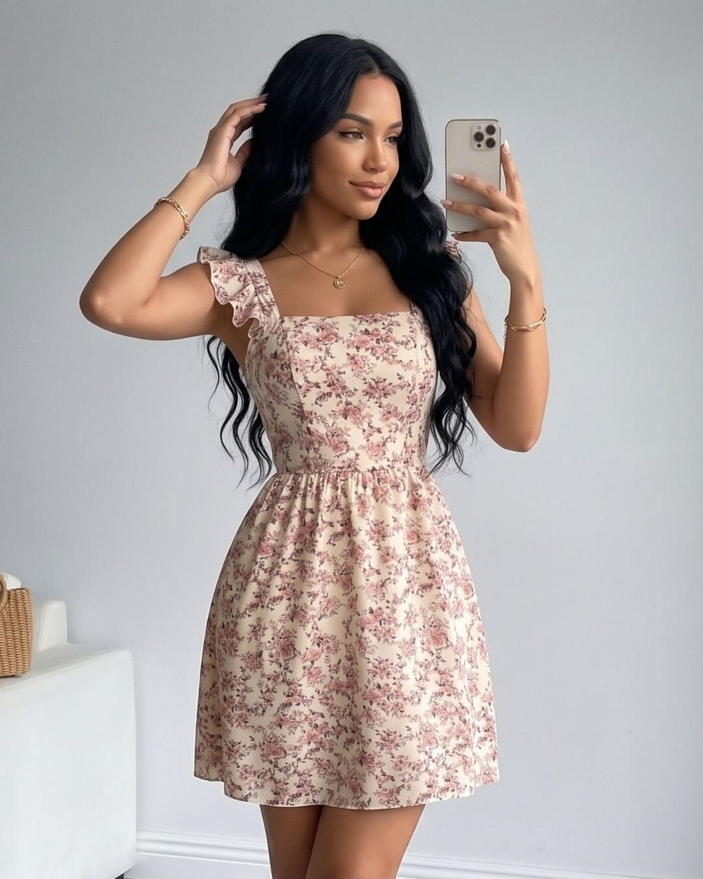 Vestido Curto Floral Com Babados E Amarração Nas Costas