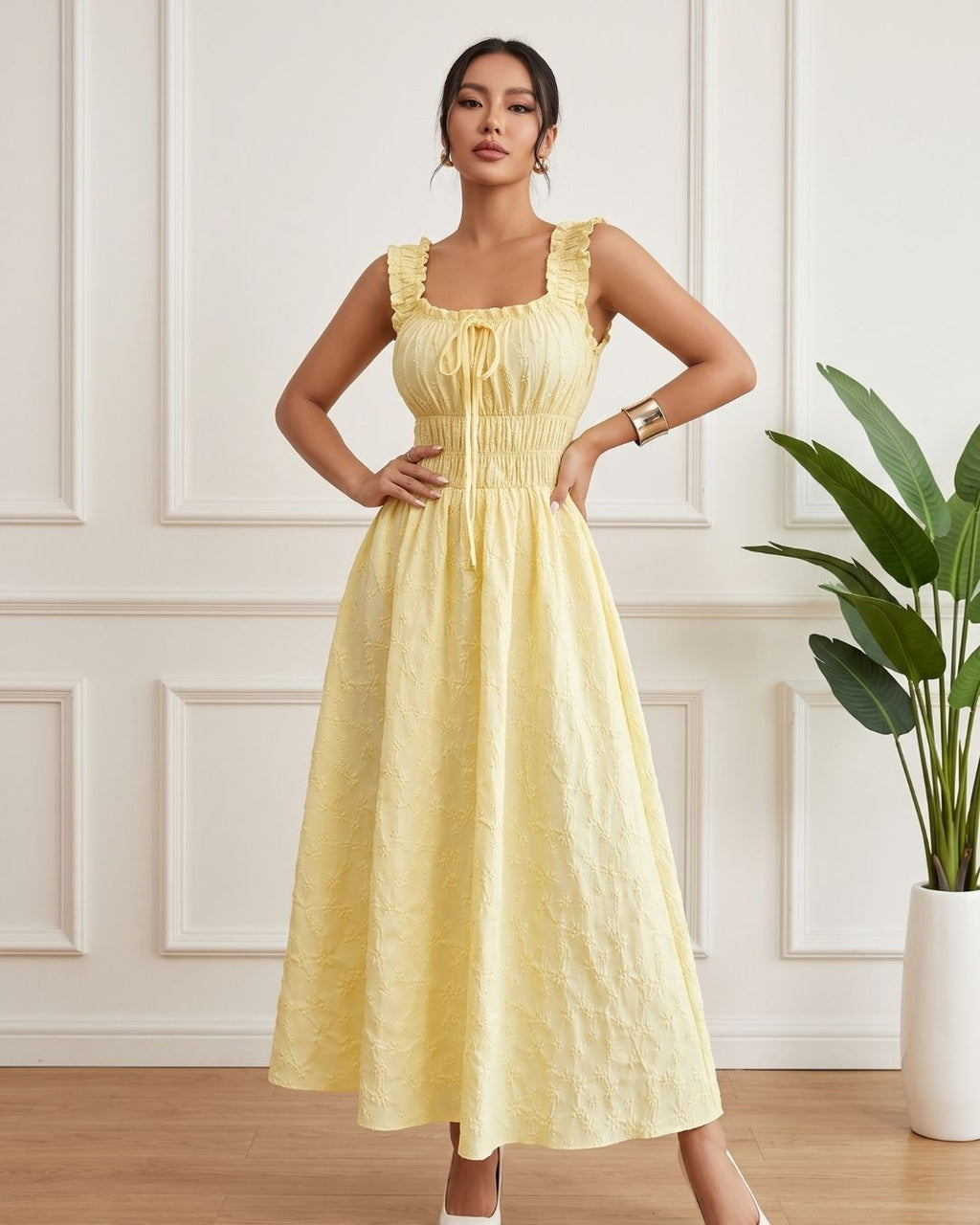 Vestido Midi Evasê Decote Quadrado Com Lastex E Renda
