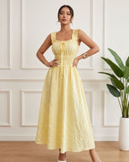 Vestido Midi Evasê Decote Quadrado Com Lastex E Renda