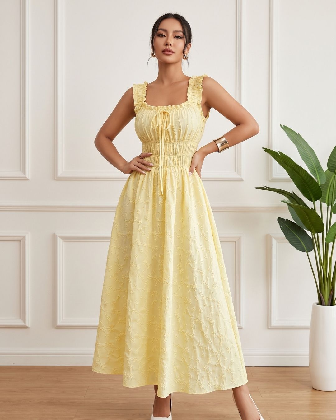 Vestido Midi Evasê Decote Quadrado Com Lastex E Renda