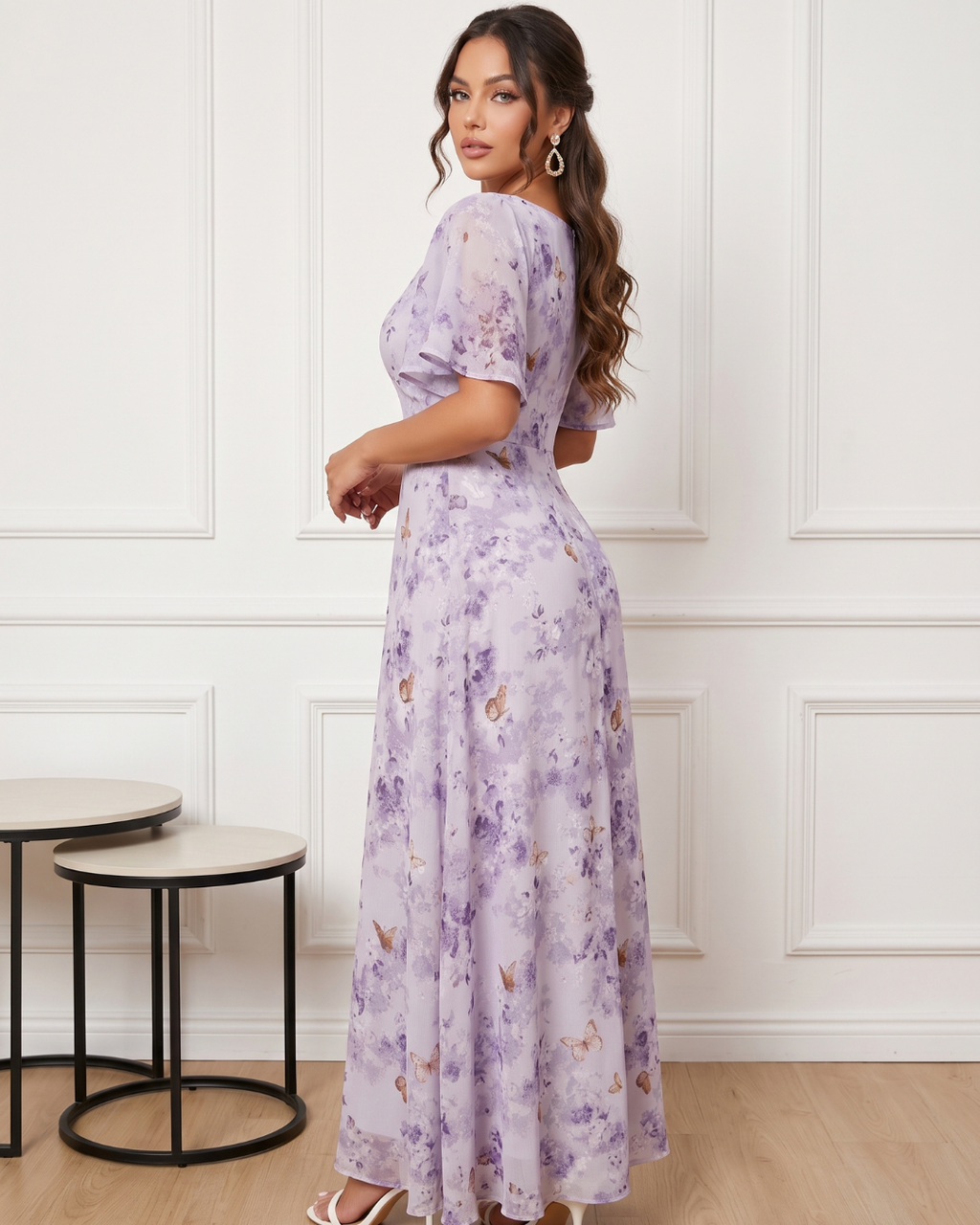 Vestido Longo Floral Com Decote Quadrado E Manga Fluida
