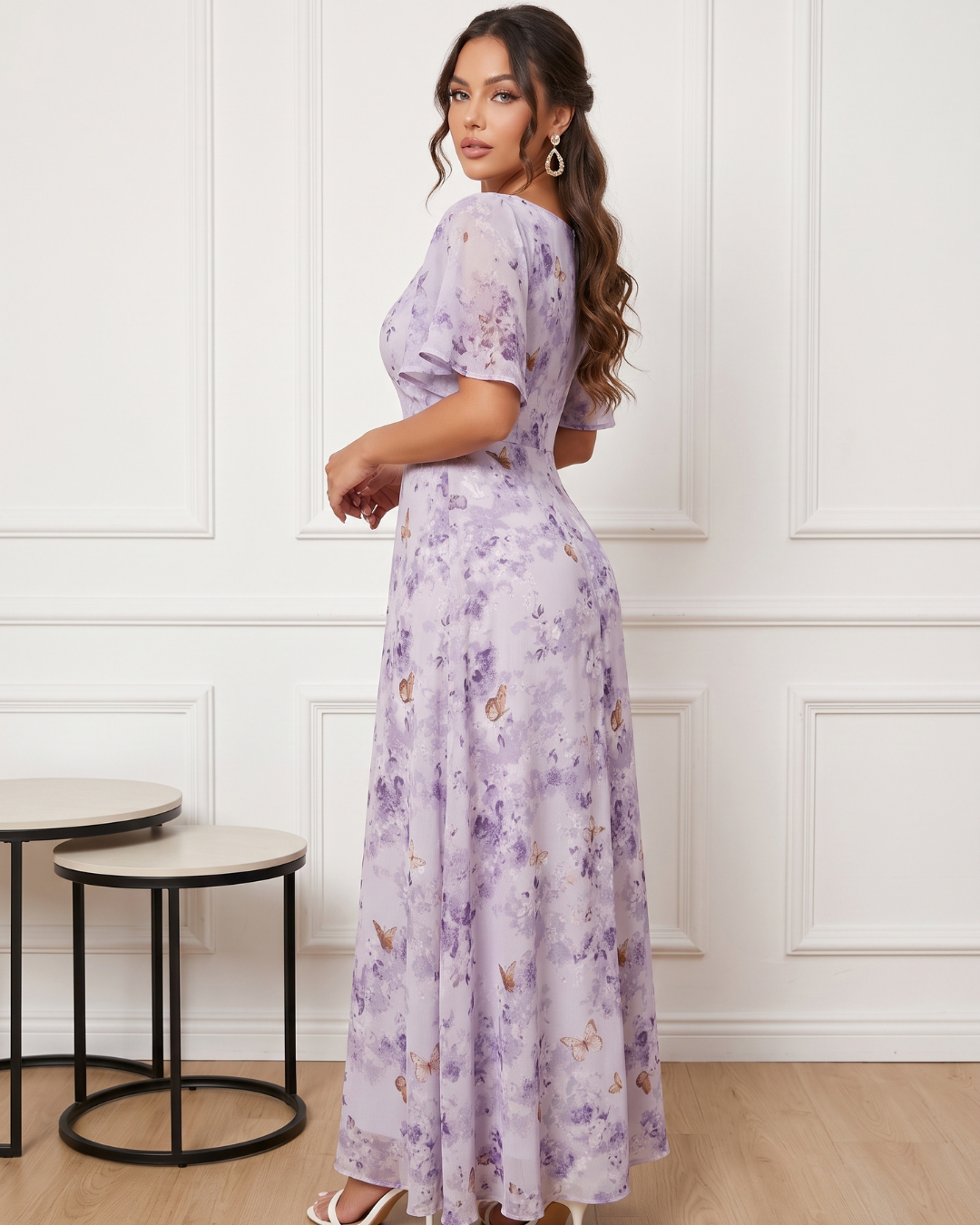 Vestido Longo Floral Com Decote Quadrado E Manga Fluida
