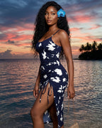 Vestido Midi Justo Alça Fina Com Fenda E Franzido Estampado