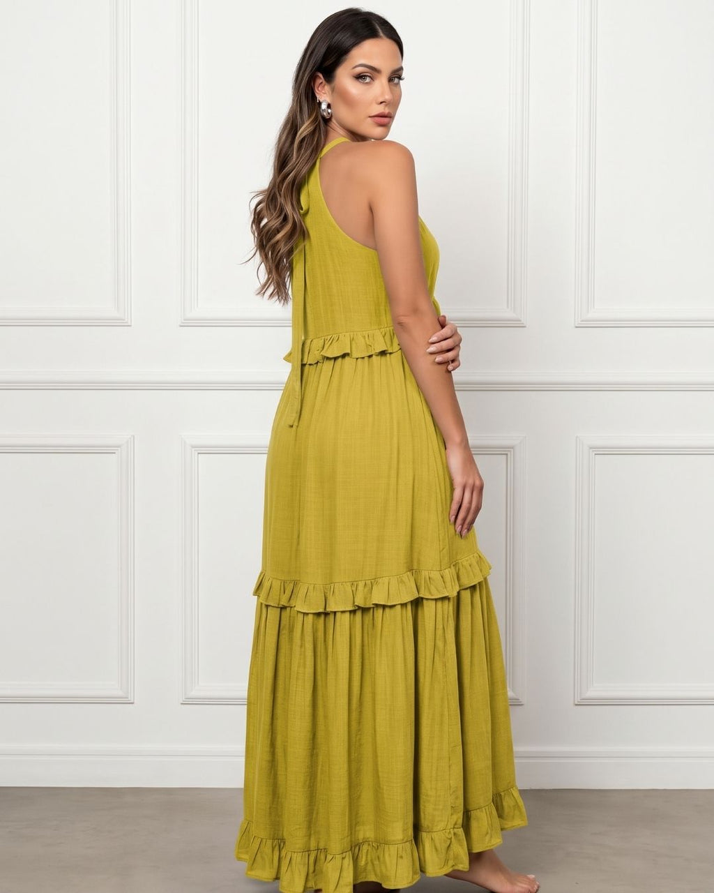 Vestido Longo Soltinho Com Babados E Saia Em Camadas