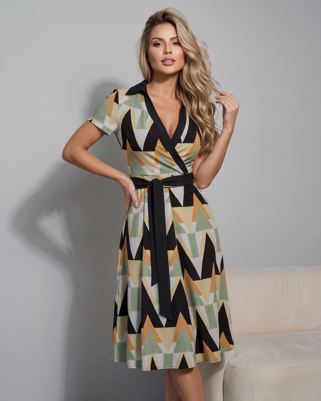 Vestido Midi Chemise Decote V Com Faixa E Bolsos Estampado