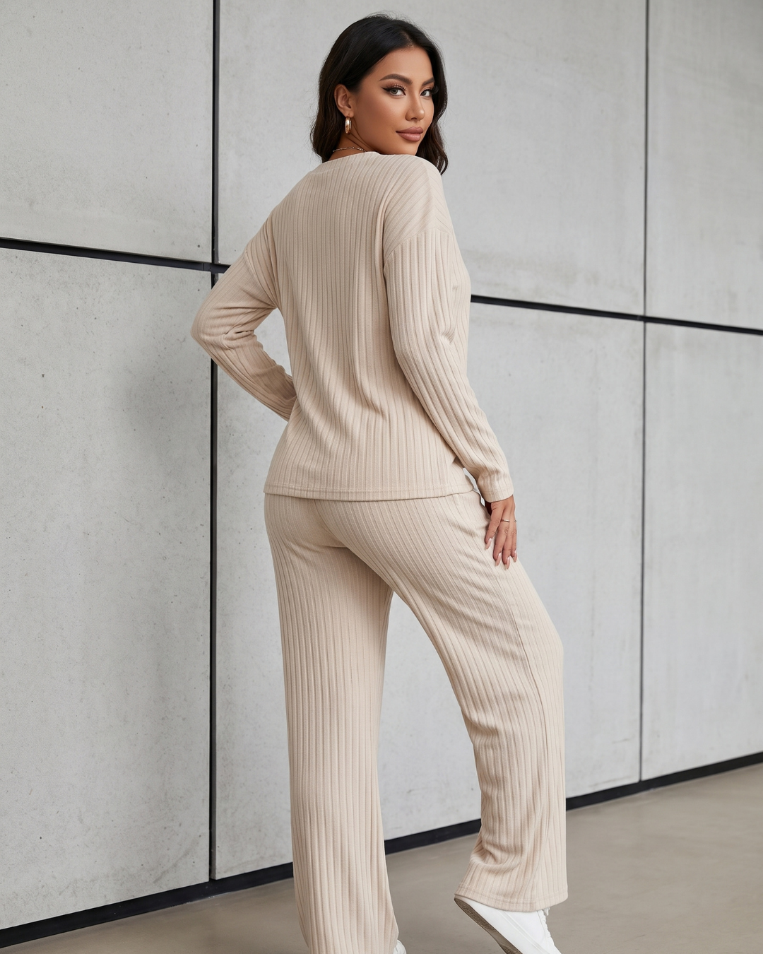 Conjunto Blusa Canelada Manga Longa E Calça Reta Casual