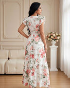 Vestido Longo Floral Com Decote V E Manga Babado