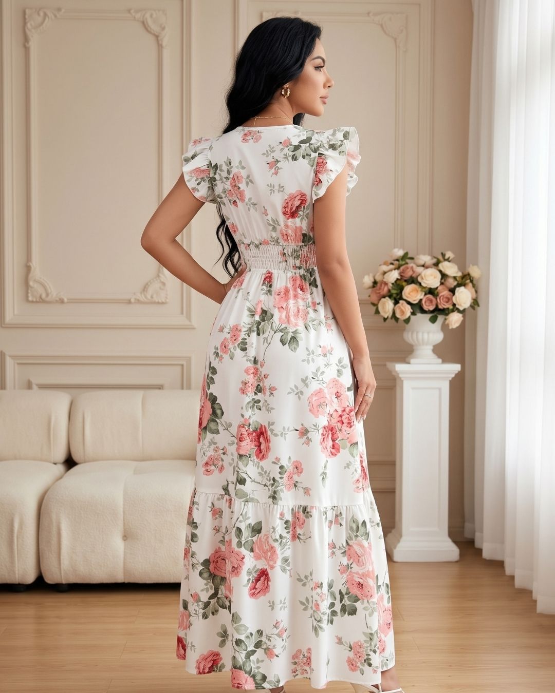 Vestido Longo Floral Com Decote V E Manga Babado