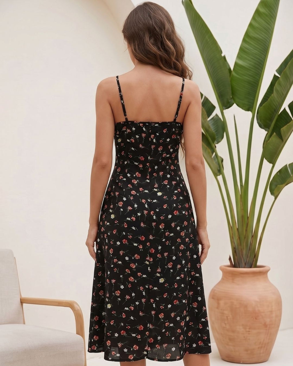Vestido Midi Acinturado Alça Fina Com Fenda Estampado