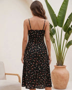 Vestido Midi Acinturado Alça Fina Com Fenda Estampado